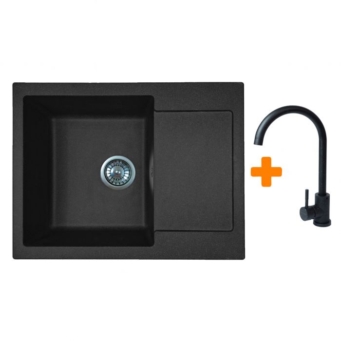 Набір кухонний Adamant Minimal, штучний камінь, прямокут., з крилом, 615х495х200мм, чаша - 1, врізна, чорний + змішувач