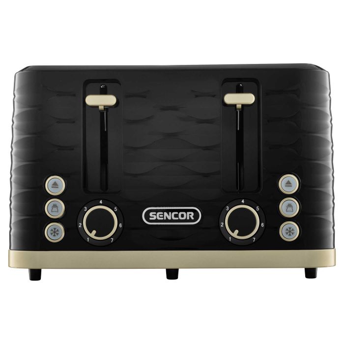 Тостер Sencor 1600Вт, підігрів, розморожування, 4 слоти, пластик, чорно-золотий