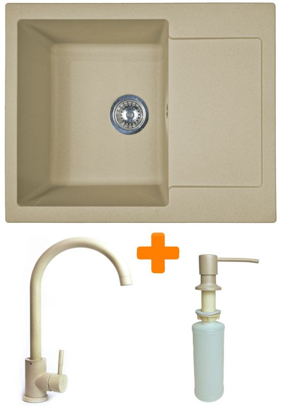 Набір кухонний Adamant Minimal, штучний камінь, прямокут., з крилом, 615х495х200мм, чаша - 1, врізна, Сахара + змішувач та дозатор