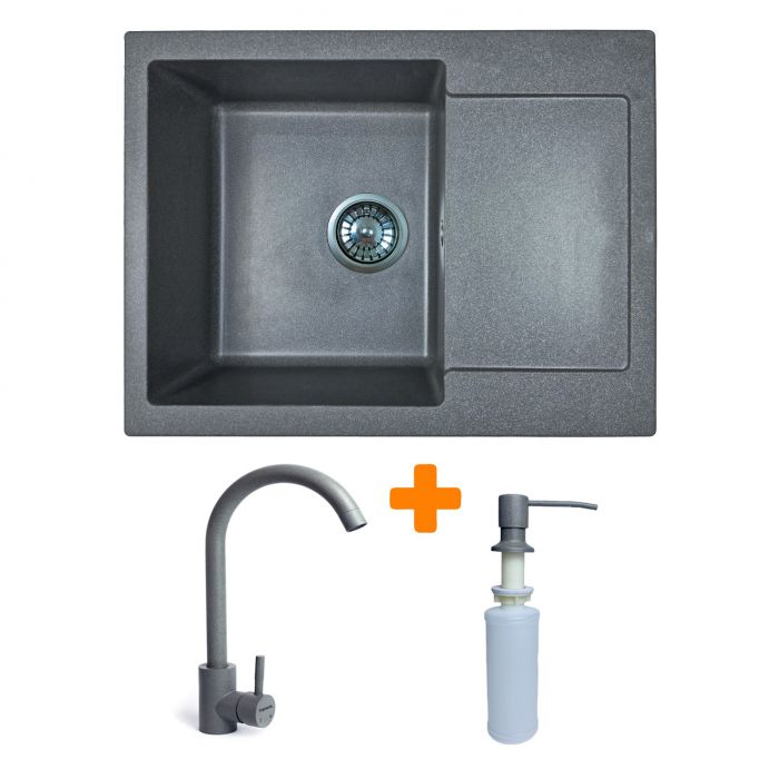 Набір кухонний Adamant Minimal, штучний камінь, прямокут., з крилом, 615х495х200мм, чаша - 1, врізна, сірий + змішувач та дозатор