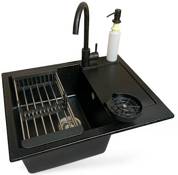 Набір кухонний Adamant Minimal, штучний камінь, прямокут., з крилом, 615х495х200мм, чаша - 1, врізна, чорний + змішувач + дозатор + ополіскувач склянок + коландер