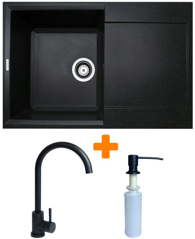 Набір кухонний Adamant Horizon, штучний камінь, прямокут., з крилом, 780х495х230мм, чаша - 1, врізна, чорний + змішувач та дозатор