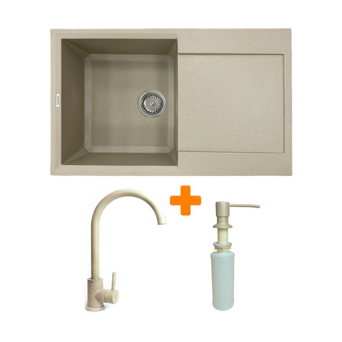 Набір кухонний Adamant Horizon, штучний камінь, прямокут., з крилом, 780х495х230мм, чаша - 1, врізна, Сахара + змішувач та дозатор