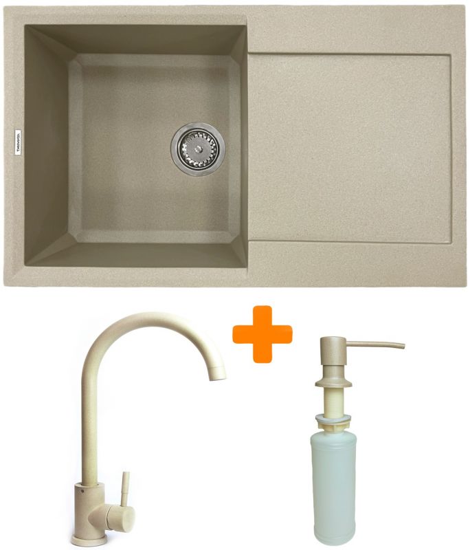 Набір кухонний Adamant Horizon, штучний камінь, прямокут., з крилом, 780х495х230мм, чаша - 1, врізна, Сахара + змішувач та дозатор