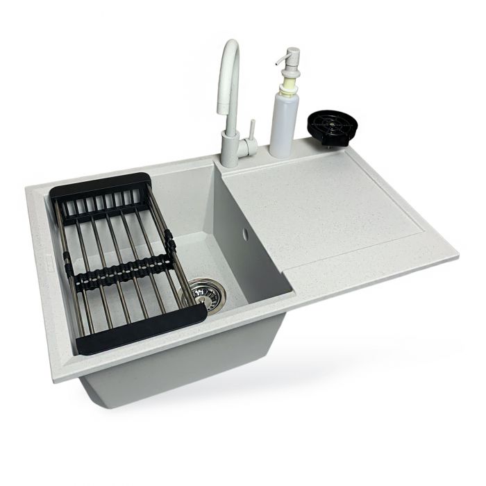 Набір кухонний Adamant Horizon, штучний камінь, прямокут., з крилом, 780х495х230мм, чаша - 1, врізна, Old stone + змішувач + дозатор + ополіскувач склянок + коландер