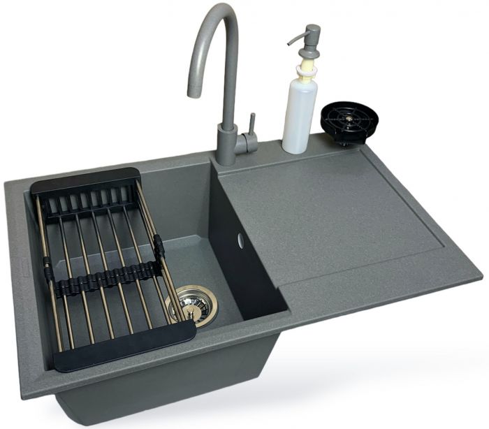 Набір кухонний Adamant Horizon, штучний камінь, прямокут., з крилом, 780х495х230мм, чаша - 1, врізна, сірий + змішувач та дозатор