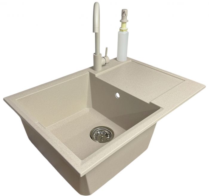 Набір кухонний Adamant Horizon Medium, штучний камінь, прямокут., з крилом, 700х500х230мм, чаша - 1, врізна, Avena + змішувач та дозатор
