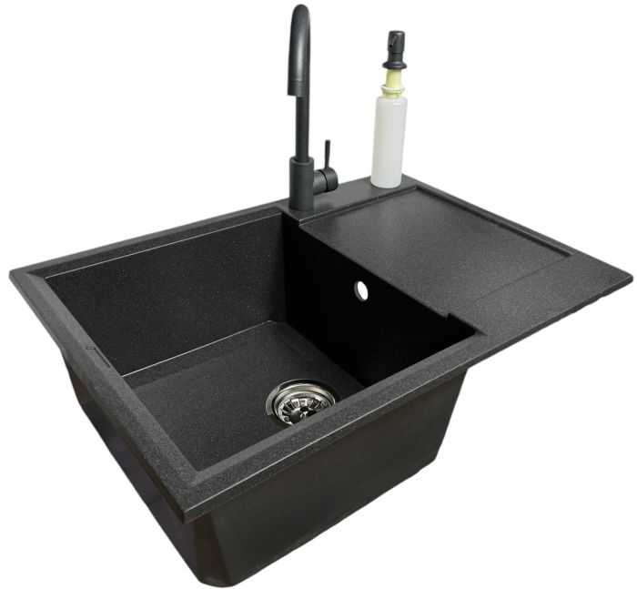 Набір кухонний Adamant Horizon Medium, штучний камінь, прямокут., з крилом, 700х500х230мм, чаша - 1, врізна, графіт + змішувач та дозатор