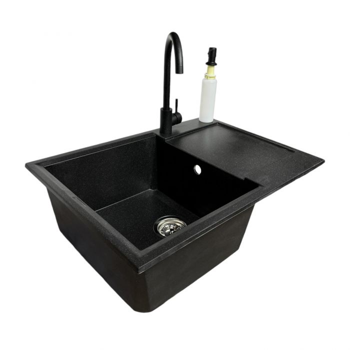 Набір кухонний Adamant Horizon Medium, штучний камінь, прямокут., з крилом, 700х500х230мм, чаша - 1, врізна, чорний + змішувач та дозатор