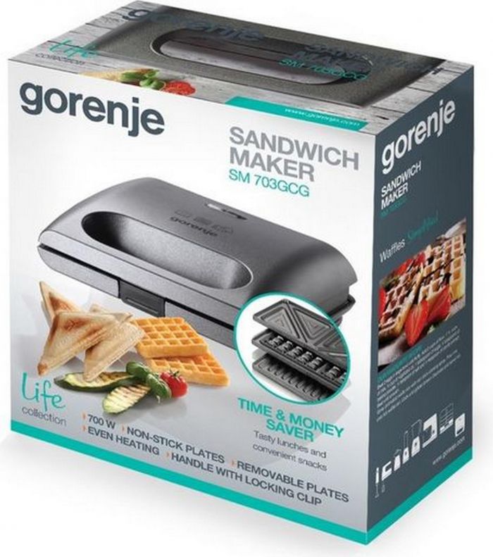 Міні-гриль Gorenje 700Вт, алюміній, 1 пластина-гриль , корпус-пластик+метал, сірий