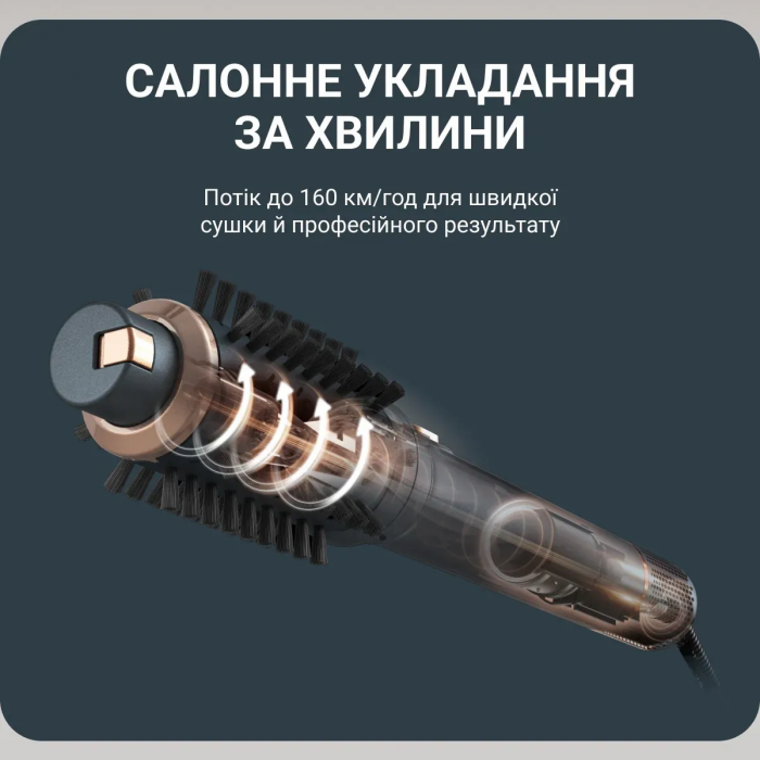 Фен-щітка Rowenta Air Rotate, 1300Вт, 4 режими, іоніз-я, хол. обдув, функція фену, 3 насадки, кераміка, чорно-золотий