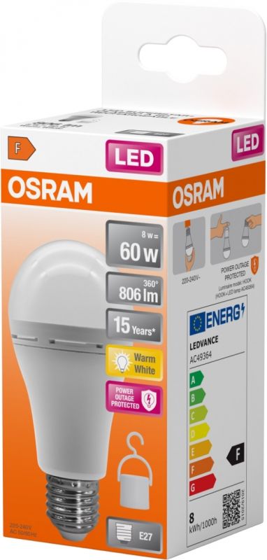 Лампа OSRAM LED E27 8Вт 806Лм 2700К A60 акумуляторна