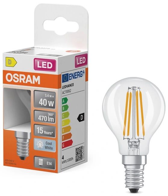 Лампа OSRAM LED E14 3.4Вт 4000K 470Лм P45 філаментна