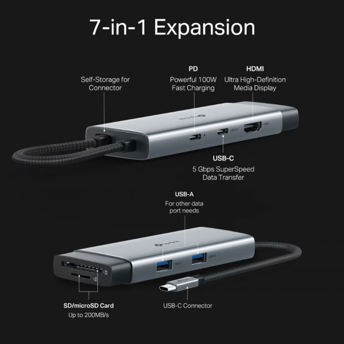 Хаб USB TP-LINK UH7020C USB-C > 2xUSB3.0/1xUSB-C/xHDMI/1xSD/1xmicroSD/1xPD 100Wh