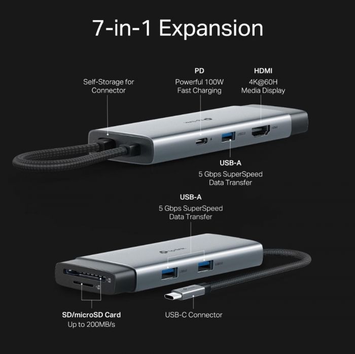 Хаб USB TP-LINK UH7021C USB-C > 3xUSB3.0/1xHDMI/1xSD/1xmicroSD/1xPD 100Wh