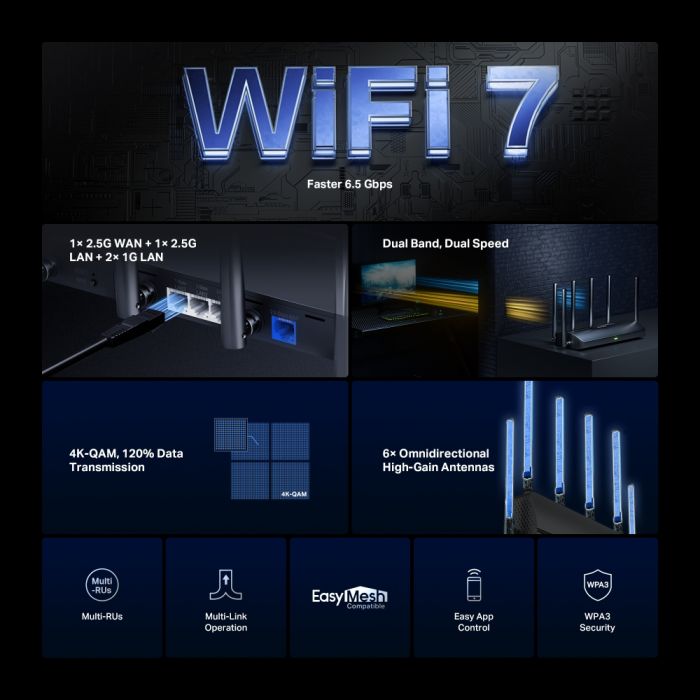 Маршрутизатор MERCUSYS MR37BE BE6500, 2xGE LAN, 1x2.5GE LAN, 1x2.5GE WAN, MESH