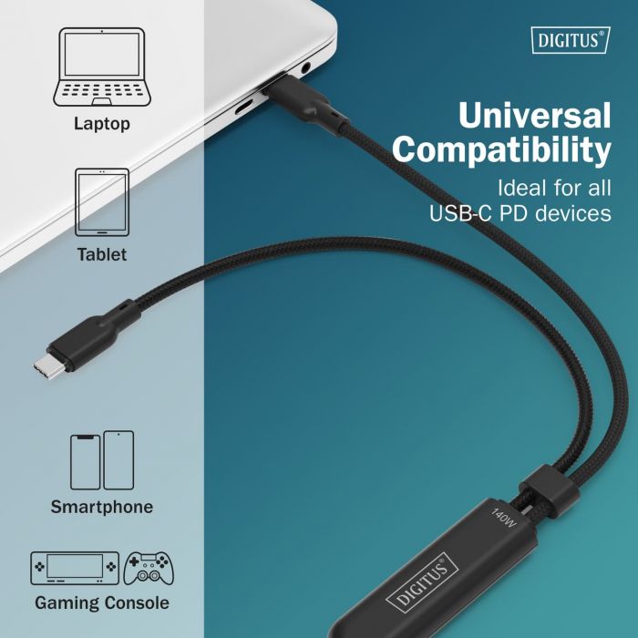 Кабель DIGITUS USB-C > 2xUSB-C заряджання/синхронізації, USB 2.0, 140W, 1.8м, чорний