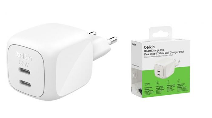 Зарядний пристрій мережевий Belkin 50Вт 2хUSB-С GAN PD PPS, білий