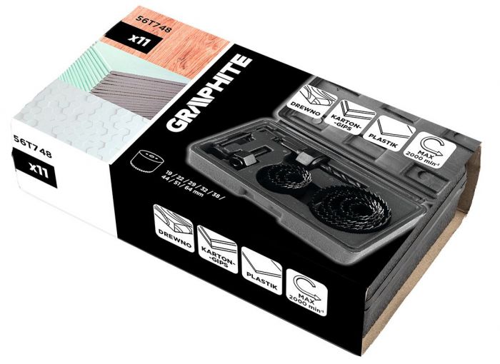 Коронки по дереву GRAPHITE 19, 22,29,32,38,44,51,64мм, 2 адаптери, кейс 12шт