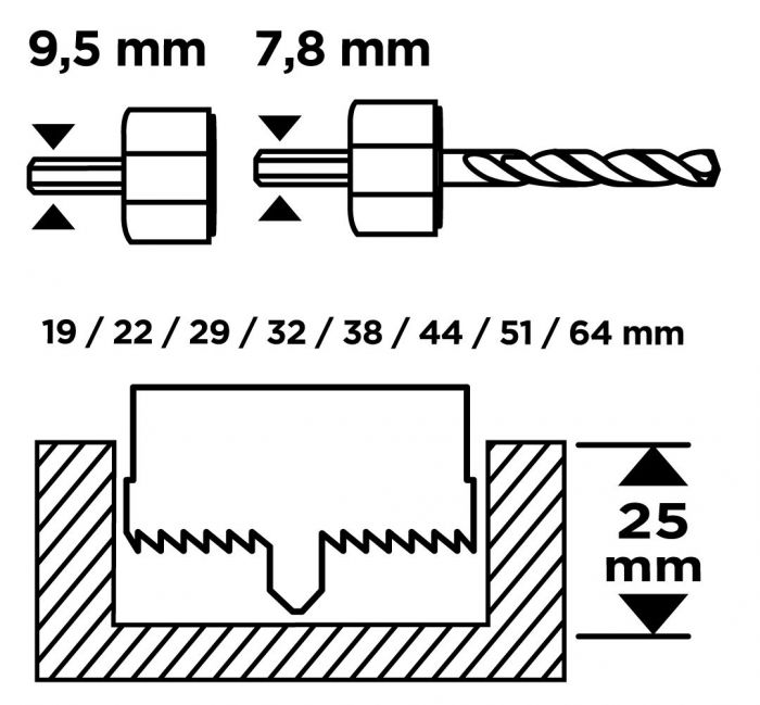 Коронки по дереву GRAPHITE 19, 22,29,32,38,44,51,64мм, 2 адаптери, кейс 12шт