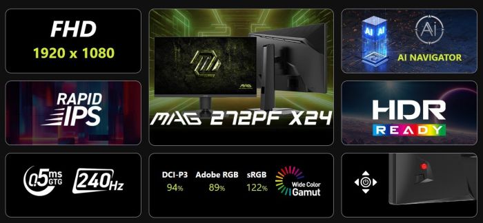 Монітор MSI 27" MAG 272PF-X24 2xHDMI, DP, MM, IPS, 1920x1080, 240Hz, 0.5ms, sRGB 122%, AdaptiveSync, Pivot