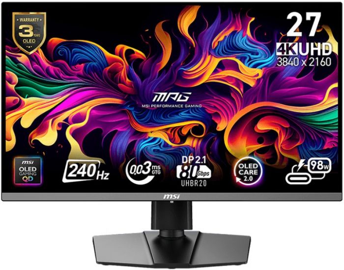 Монітор MSI 26.5" MPG 272URX QD-OLED 2xHDMI, DP, 2xUSB, USB-C, Audio, OLED, 3840x2160, 240Hz, 0.03ms, DCI-P3 99%, AdaptiveSync, Pivot, HDR400