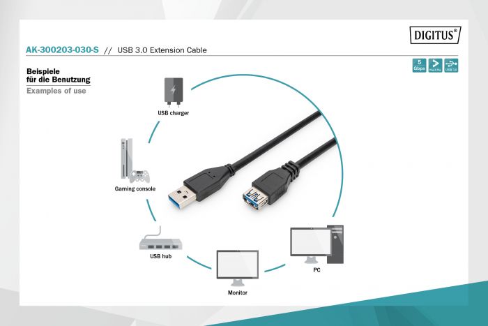 Кабель ASSMANN USB 3.0 (AM/AF) 3.0м, чорний