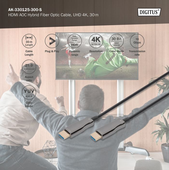 Кабель DIGITUS HDMI UHD 4K, AOC hybrid-fiber, type A M/M, 30м, чорний