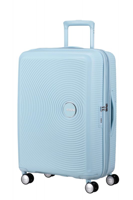 Валіза American Tourister, Soundbox, поліпропілен, середня, 67см, 71.5/81л, TSA, 4 колеса, EXP, пастельно-блакитний