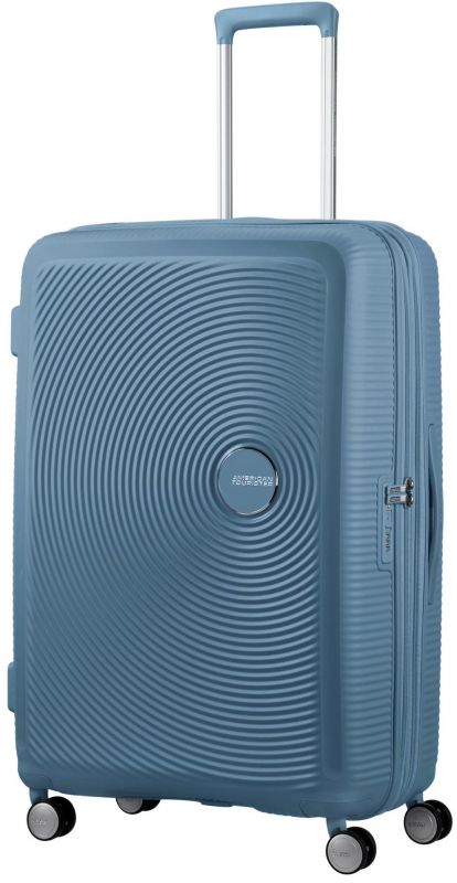 Валіза American Tourister, Soundbox, поліпропілен, велика, 77см,  97/110л, TSA, 4 колеса, EXP, сіро-синій