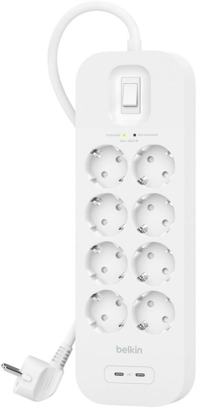 Подовжувач мережевий Belkin 2м, 8хТипF, 16А, USB-С/USB-C 30Вт, фільтр, білий