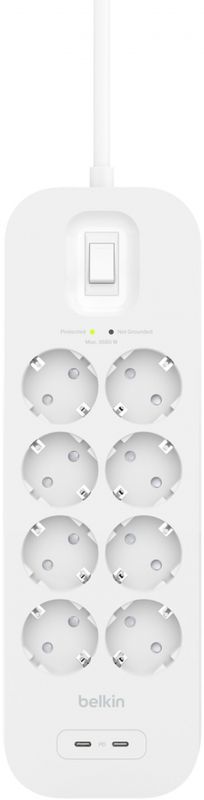Подовжувач мережевий Belkin 2м, 8хТипF, 16А, USB-С/USB-C 30Вт, фільтр, білий