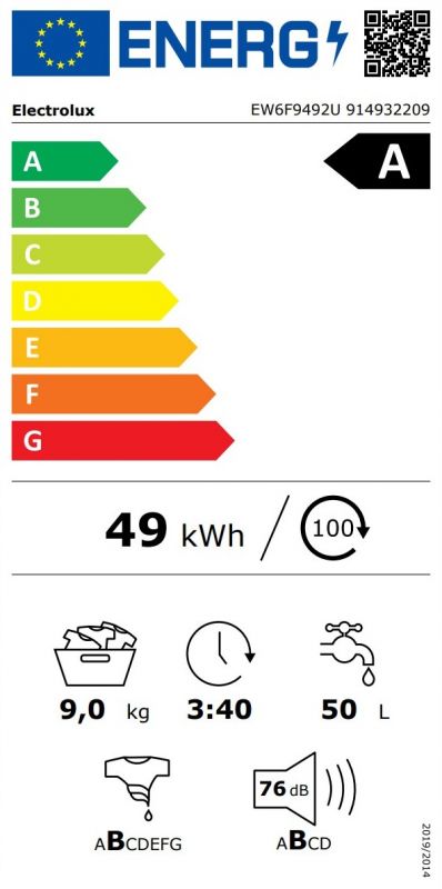 Пральна машина Electrolux фронтальна, 9кг, 1400, A, 66см, дисплей, пара, інвертор, білий