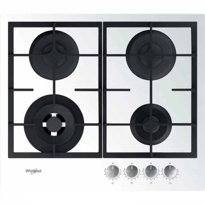 Варильна поверхня Whirlpool газова на склі, 60см, чавун, конфорка з подвійним рядом полум'я, білий