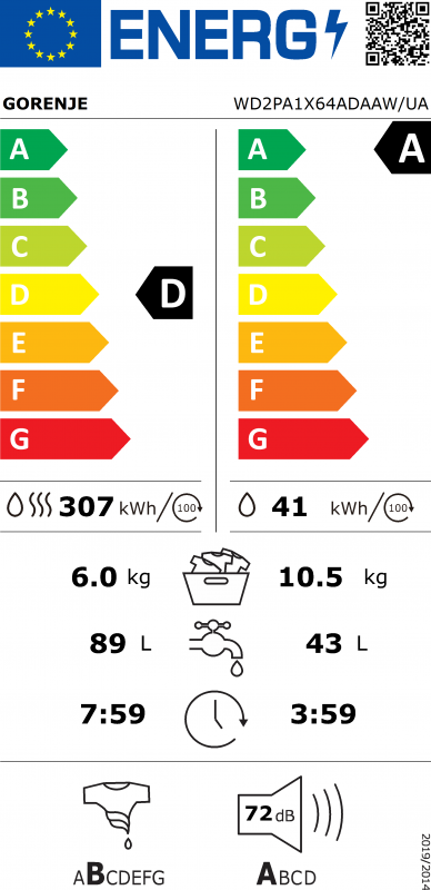 Прально-сушильна машина Gorenje фронтальна, 10.5(6)кг, 1400, A+, 60см, дисплей, пара, інвертор, Wi-Fi, білий