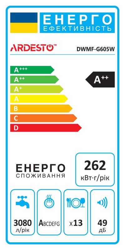 Посудомийна машина ARDESTO, 13компл., А++, 60см, дисплей, білий