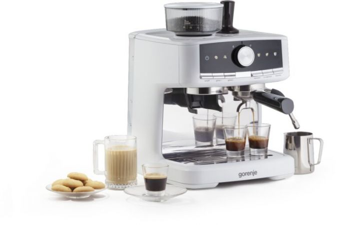 Кавоварка Gorenje ріжкова 2.5л, кавомолка 0,25л, капучинатор, кнопочне керування, білий