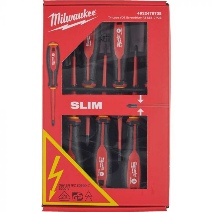 Набір викруток ізольованих Milwaukee до 1000В SL2,5,SL3,SL4,PH2,PZ1,PZ2,викрутка-тестер 7шт