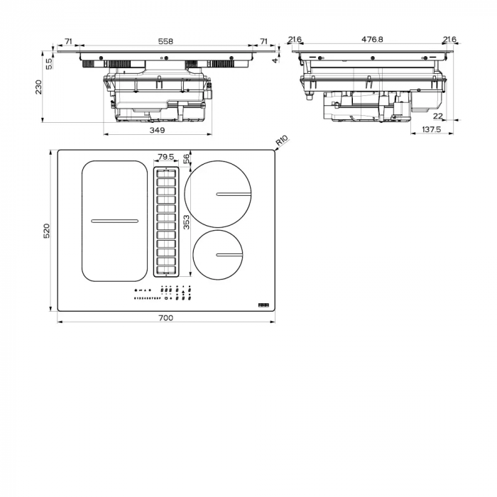 Варильна повверхня Franke індукційна, 70см, розширена зона, вбудована витяжка, Booster, 1050м.куб/год, A++, автовідключення, чорний