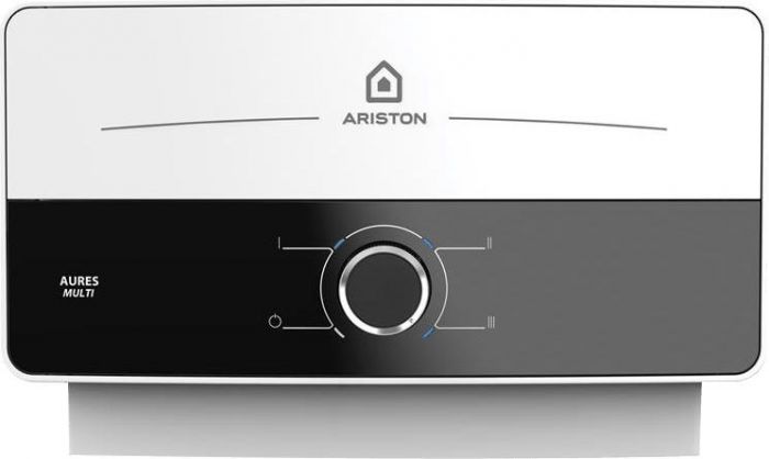 Водонагрівач електр. Ariston AURES M 7 EU проточний, 5л.хв, 7кВт, гор-ний монтаж, мех. кер-ння, A, біло-чорний