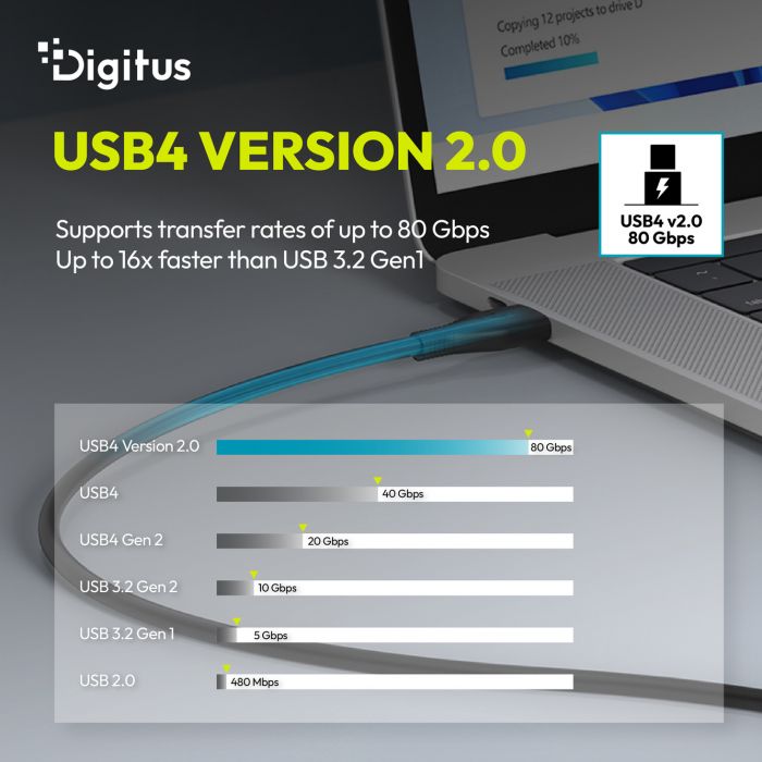Кабель DIGITUS USB-C > USB-C заряджання/синхронізації, USB4 2.0, 80G, 240W, 16K, силіконовий, 1м, чорний