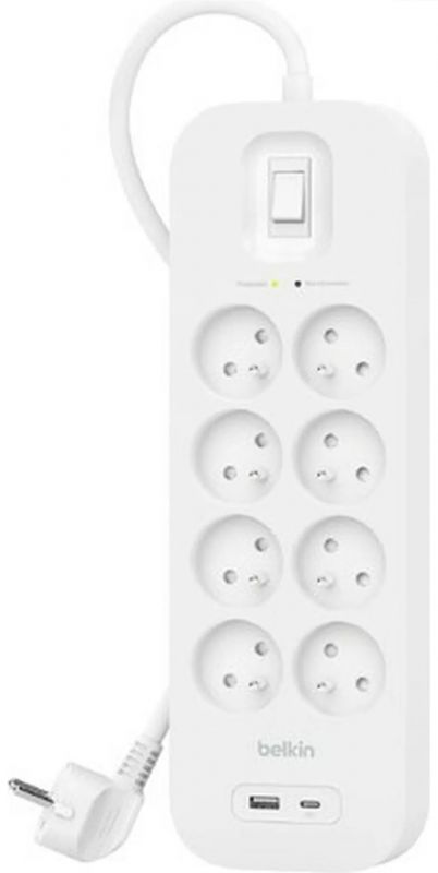 Подовжувач мережевий Belkin 2м, 8хТипE, 16А, USB-A/USB-C 18Вт, фільтр, білий