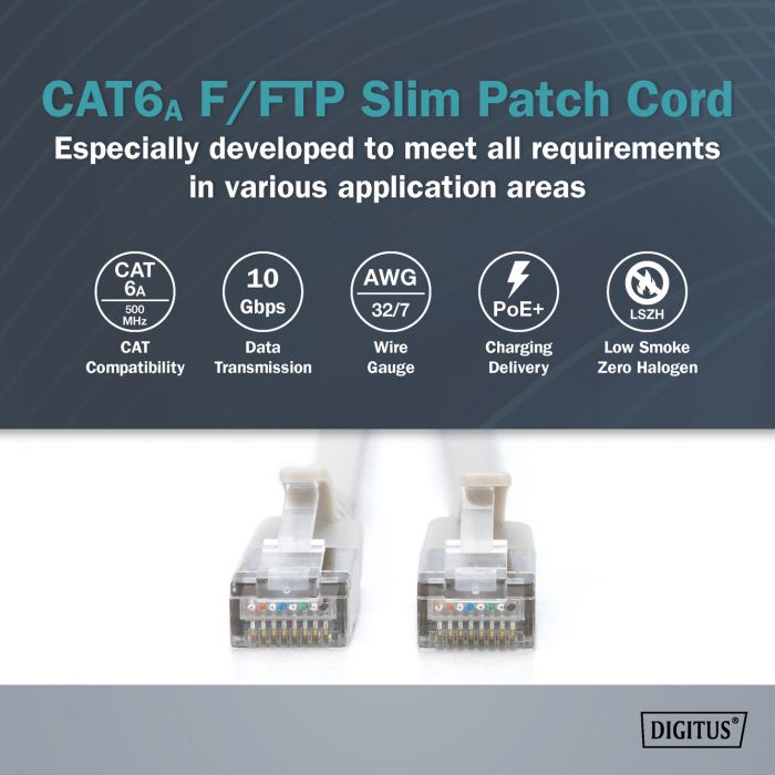 Патч-корд DIGITUS CAT 6a F-FTP Sliim, 10 м, AWG 32/7, Cu, LSZH, сірий