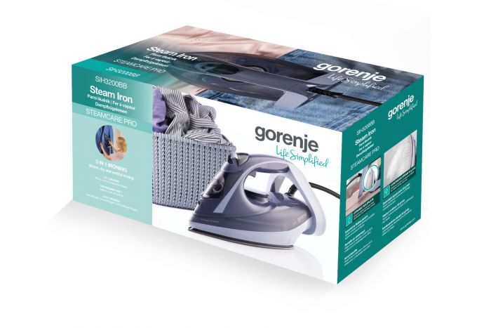 Праска Gorenje, 3200Вт, 350мл, паровий удар-40гр, верт. відпарювання, антинакип, автовідключення, керам. підошва, чорно-голубий