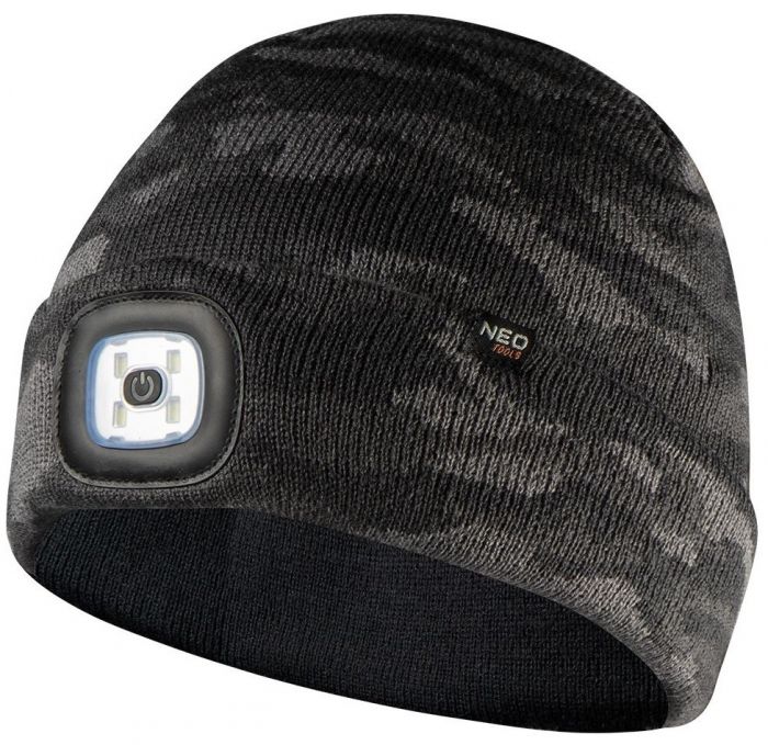 Шапка з ліхтариком Neo Tools 100% акрил, CAMO, 3.7В, 180Лм, 6500K, 3 режими, USB