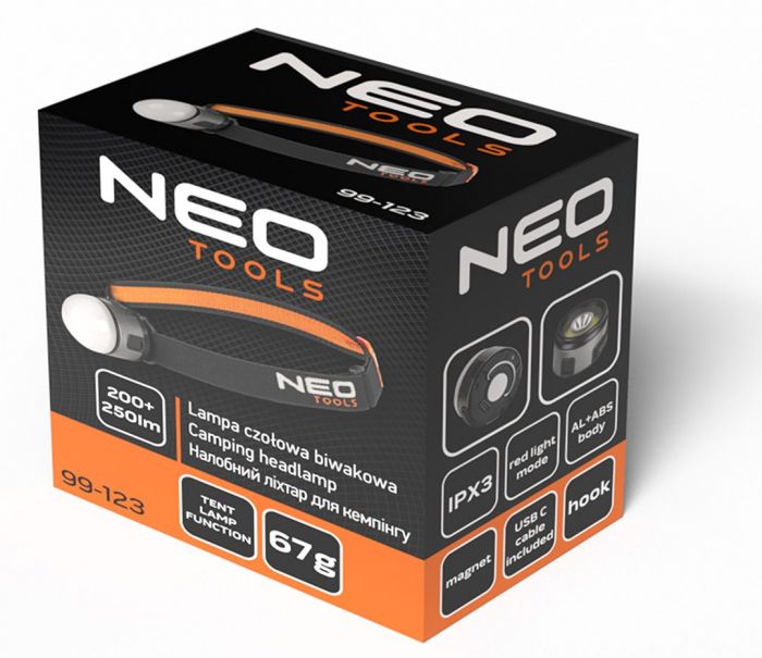 Ліхтар налобний акумуляторний Neo Tools, Bivouac 800мА·год, 200+250лм, червоне світло, abs, алюміній, 0.067кг