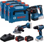 Набір із трьох акумуляторних інструментів Bosch Professional 18В дриль-шурупокрут GSR 18V-65, перфоратор GBH 18V-22, Шліфмашина кутова GWS 18V-8, акб 2x5А·год, ЗП 3 кейси L-BOXX 136