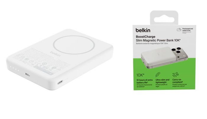 Акумулятор портативний літій-іонний Power Bank Belkin 10000мА·год, 20Вт PD/Qi2 15Вт, Slim Magnetic, білий