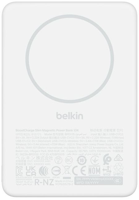 Акумулятор портативний літій-іонний Power Bank Belkin 10000мА·год, 20Вт PD/Qi2 15Вт, Slim Magnetic, білий