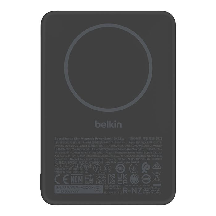 Акумулятор портативний літій-іонний Power Bank Belkin 10000мА·год, 20Вт/Qi2 7.5Вт, Slim Magnetic Ring, чорний